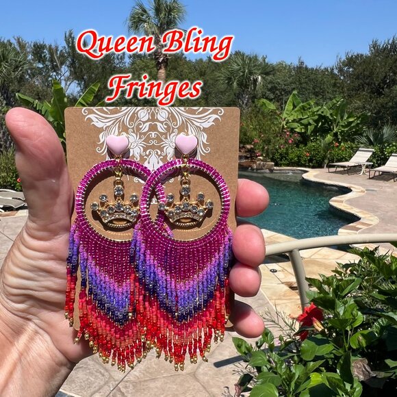 Handmade Beaded Queen Long Fringe Dangle Drop Lightweight Post Hoop Earrings Wow - Picture 1 of 9